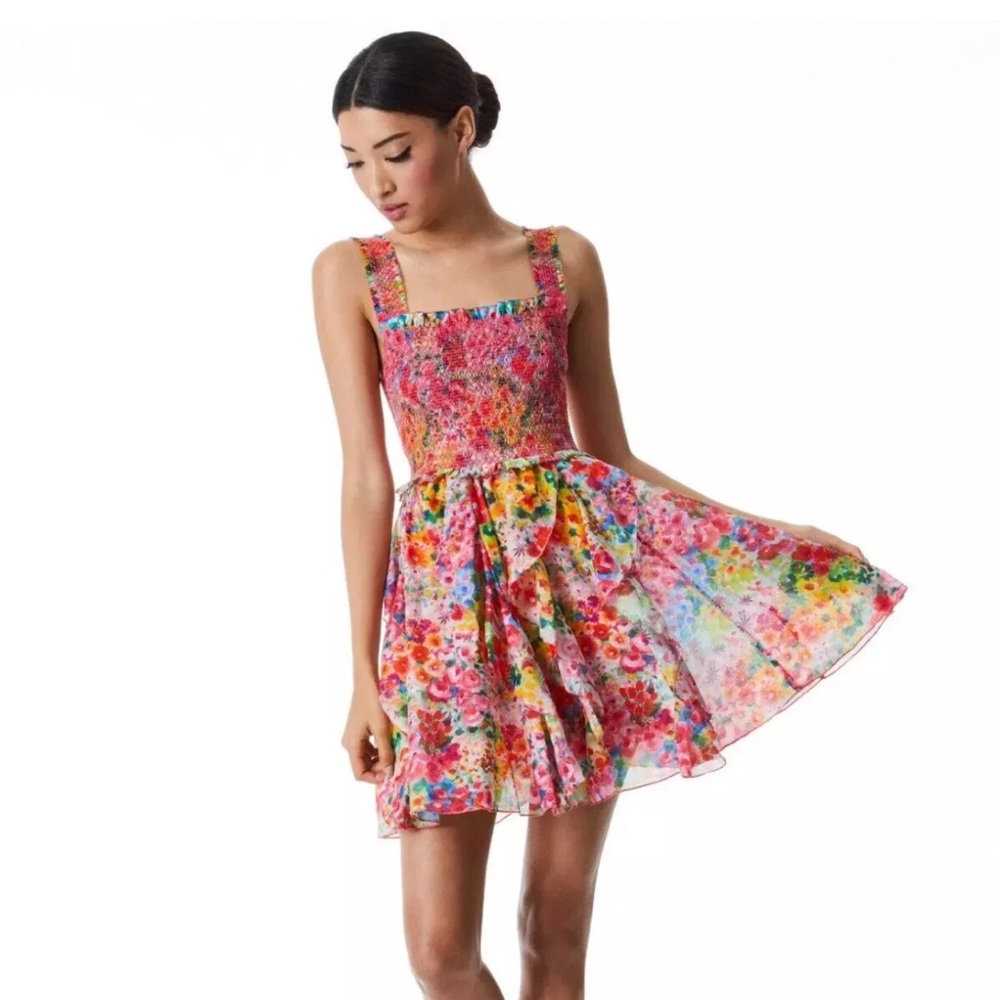 ALICE & OLIVIA JOCELYN SMOCKED GARDEN FLORAL MINI DRESS MSRP $550 SIZE 0